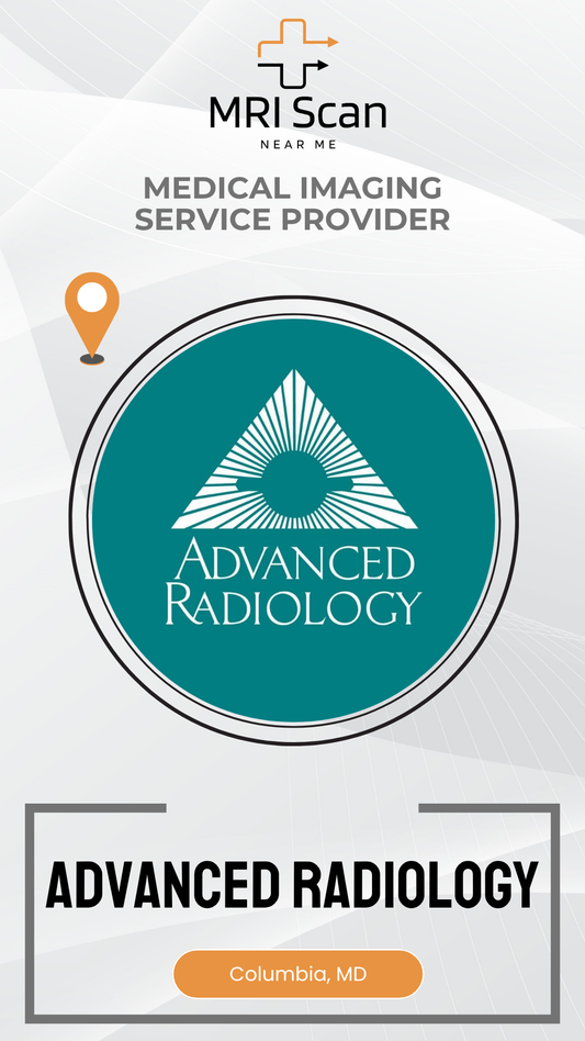 Advertisement for Advanced Radiology with MRI Scan logo and location pin on a white background
