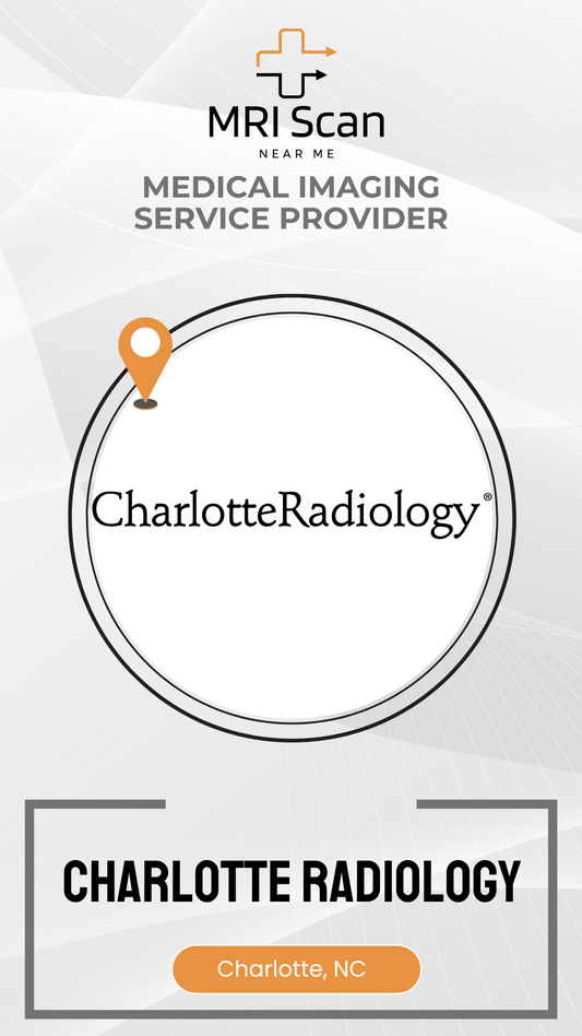 Advertisement for Charlotte Radiology with a map marker icon and text about medical imaging services.