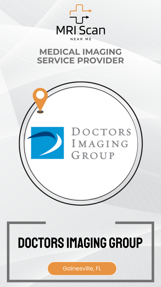 Doctors Imaging Group logo with a location pin and 'MRI Scan Near Me' text on a white background