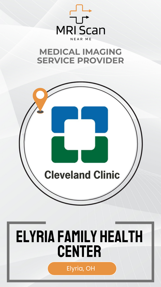 Cleveland Clinic logo with text about a medical imaging service provider in Elyria, OH.