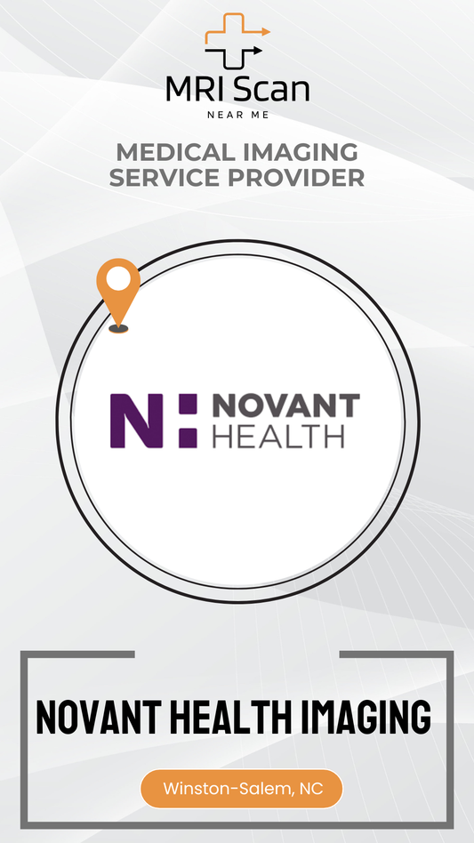 Novant Health Imaging advertisement with MRI Scan logo and location marker on a white background
