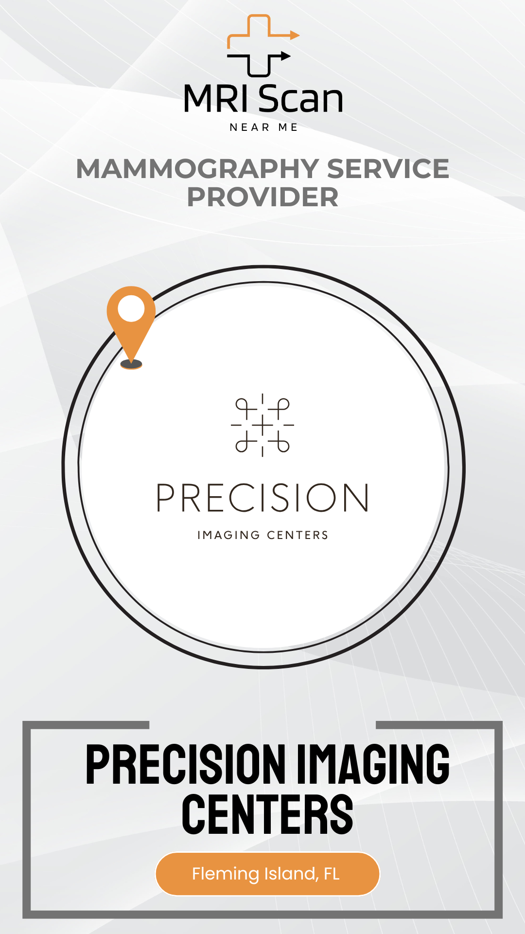 Advertisement for Precision Imaging Centers mammography service provider with logo and text on a white background.