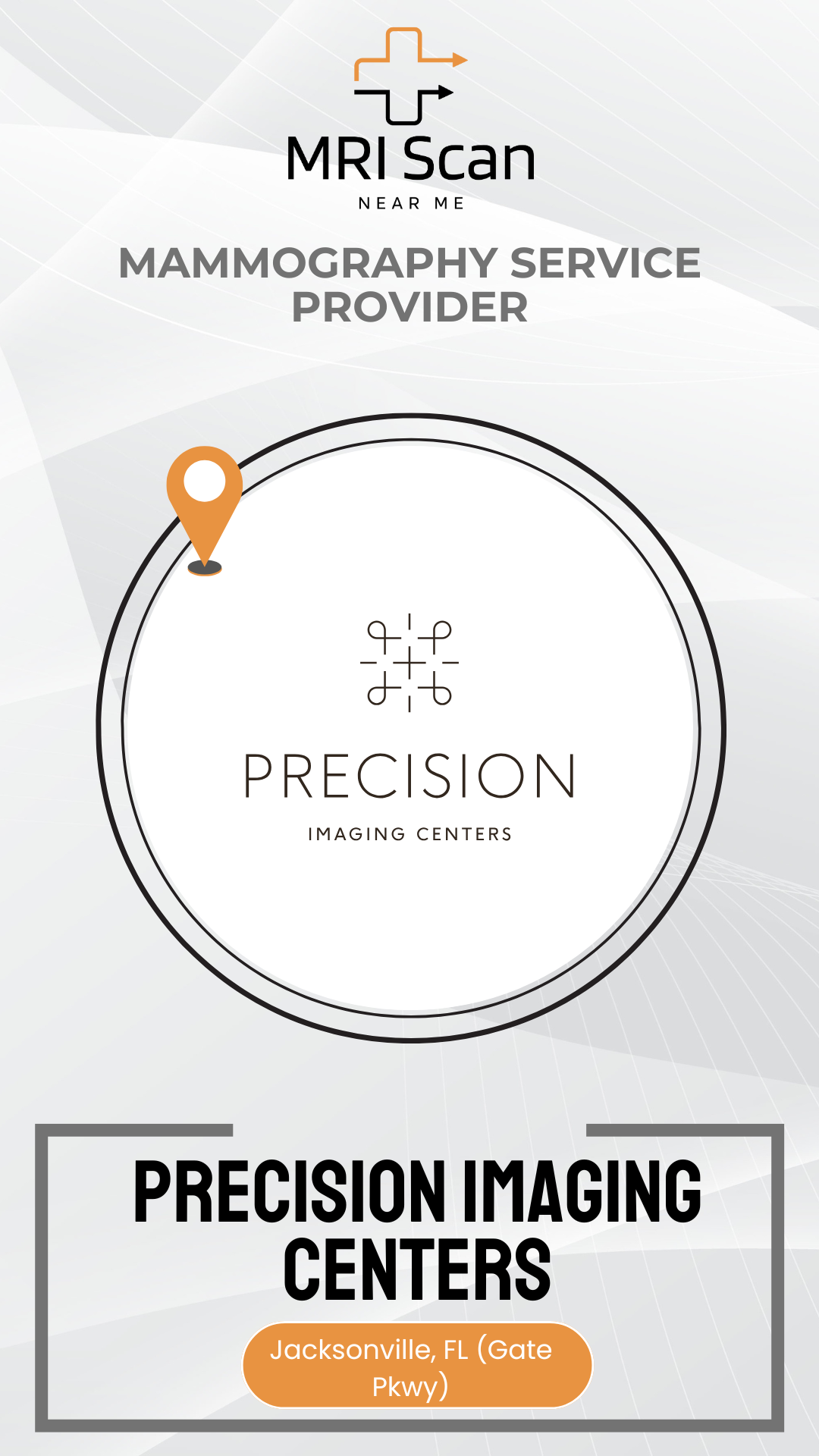 Advertisement for Precision Imaging Centers mammography service provider with logo and contact information.
