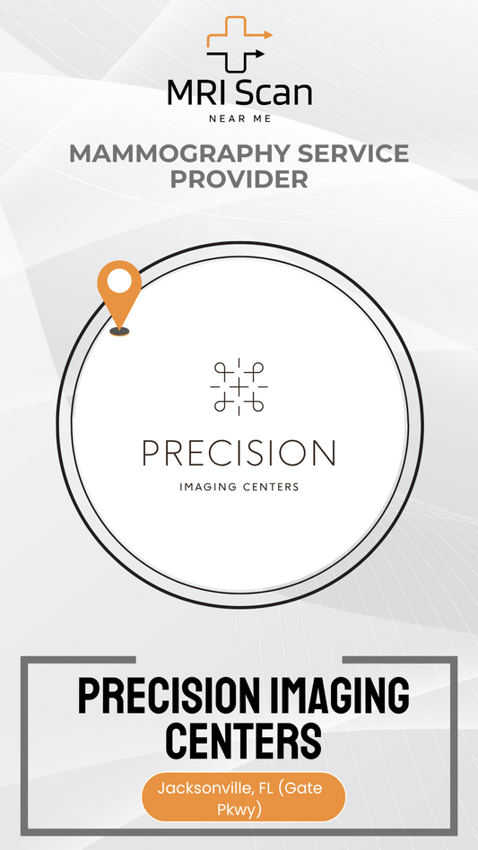 Advertisement for Precision Imaging Centers mammography service provider with logo and contact information.