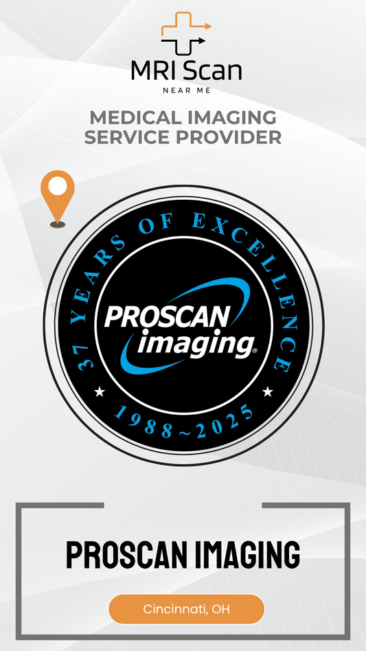 Proscan Imaging logo celebrating 37 years of excellence with MRI Scan branding.